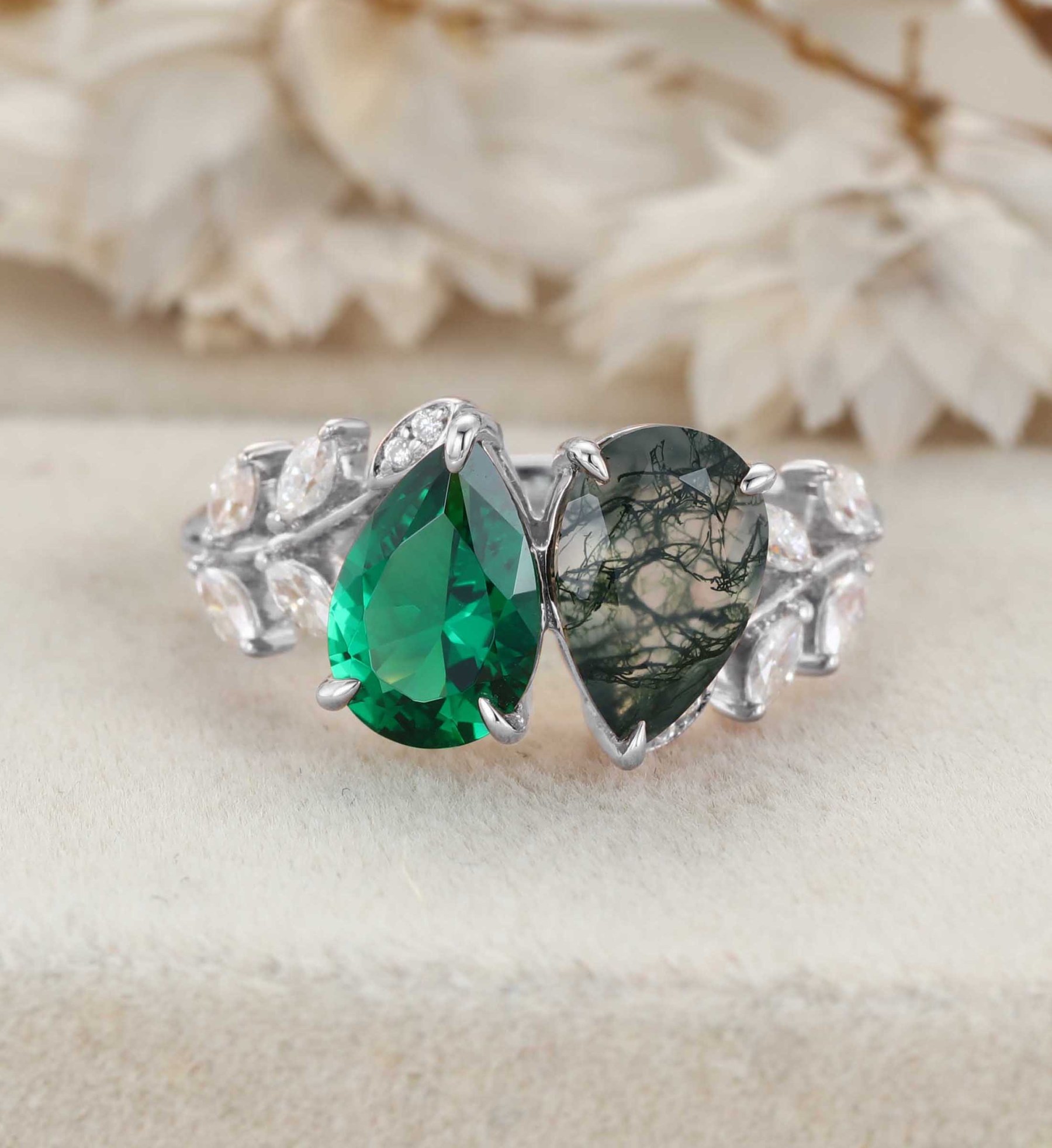 Pear Cut Lab Emerald & Moss Agate Toi Et Moi Engagement Ring Two Stone 14K Rose Gold Art Deco Leaf Moissanite Branch Nature Inspired Cluster Ring
