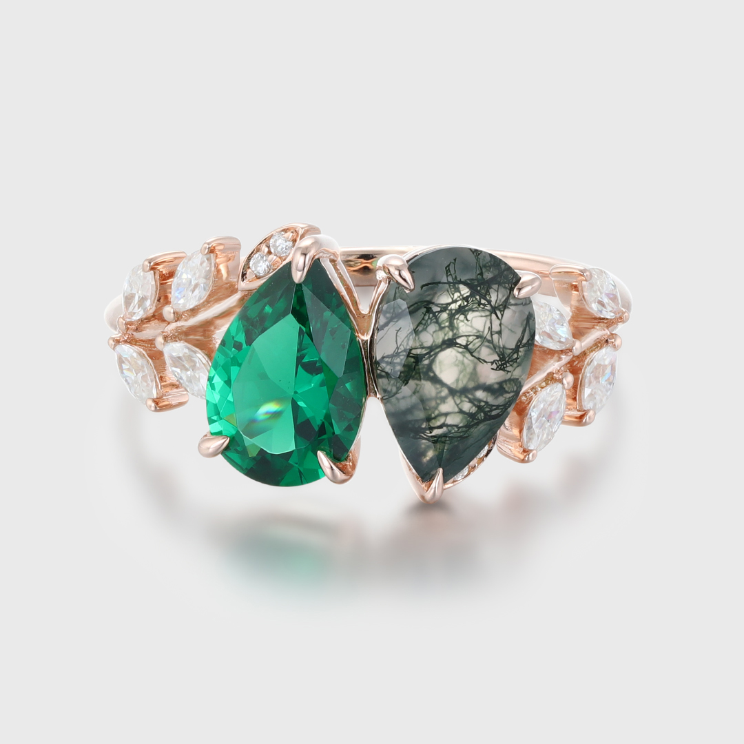 Pear Cut Lab Emerald & Moss Agate Toi Et Moi Engagement Ring Two Stone 14K Rose Gold Art Deco Leaf Moissanite Branch Nature Inspired Cluster Ring