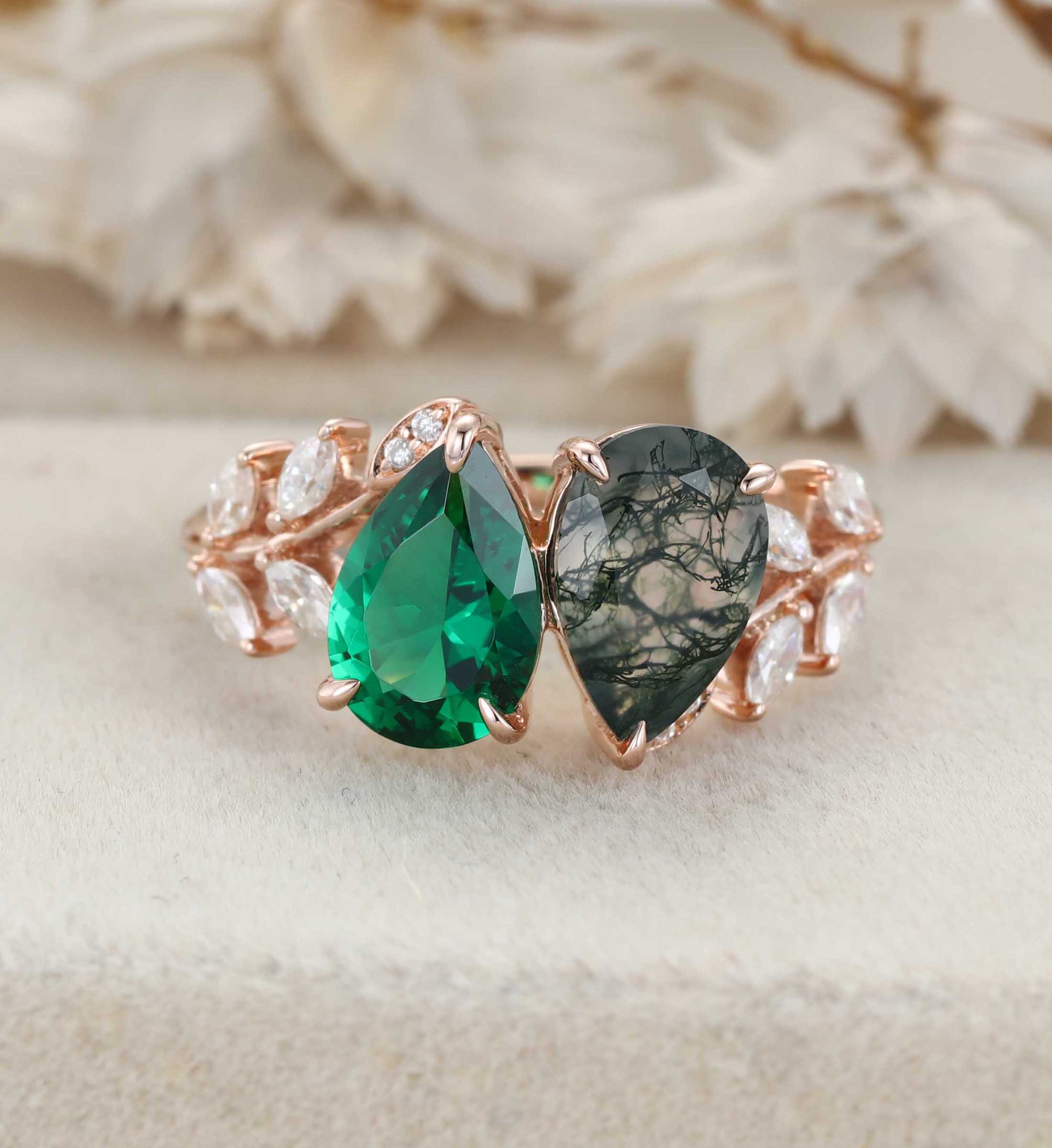 Pear Cut Lab Emerald & Moss Agate Toi Et Moi Engagement Ring Two Stone 14K Rose Gold Art Deco Leaf Moissanite Branch Nature Inspired Cluster Ring