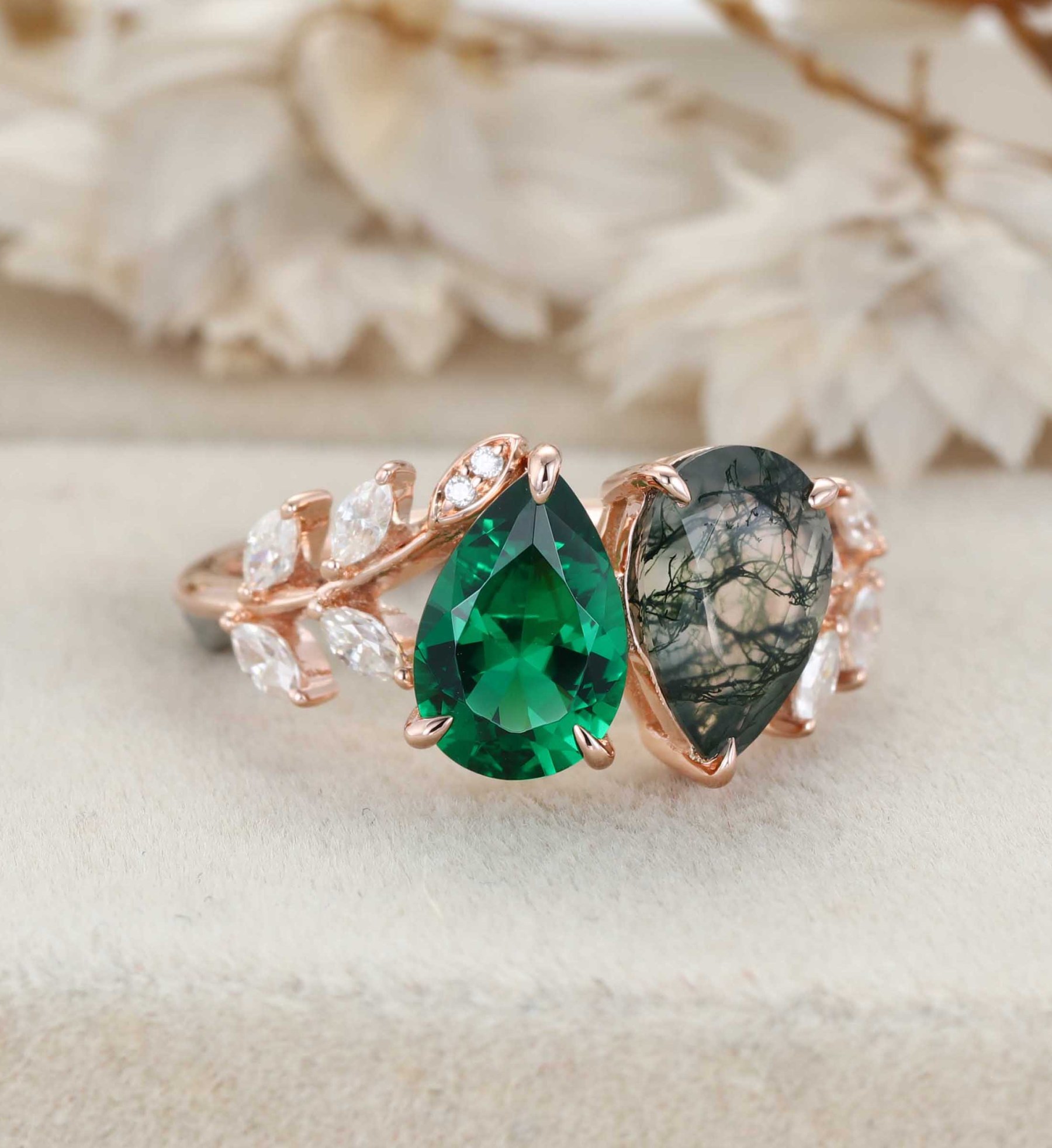 Pear Cut Lab Emerald & Moss Agate Toi Et Moi Engagement Ring Two Stone 14K Rose Gold Art Deco Leaf Moissanite Branch Nature Inspired Cluster Ring