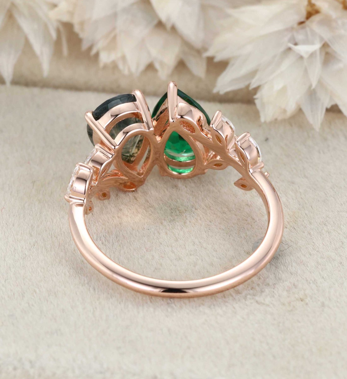 Pear Cut Lab Emerald & Moss Agate Toi Et Moi Engagement Ring Two Stone 14K Rose Gold Art Deco Leaf Moissanite Branch Nature Inspired Cluster Ring