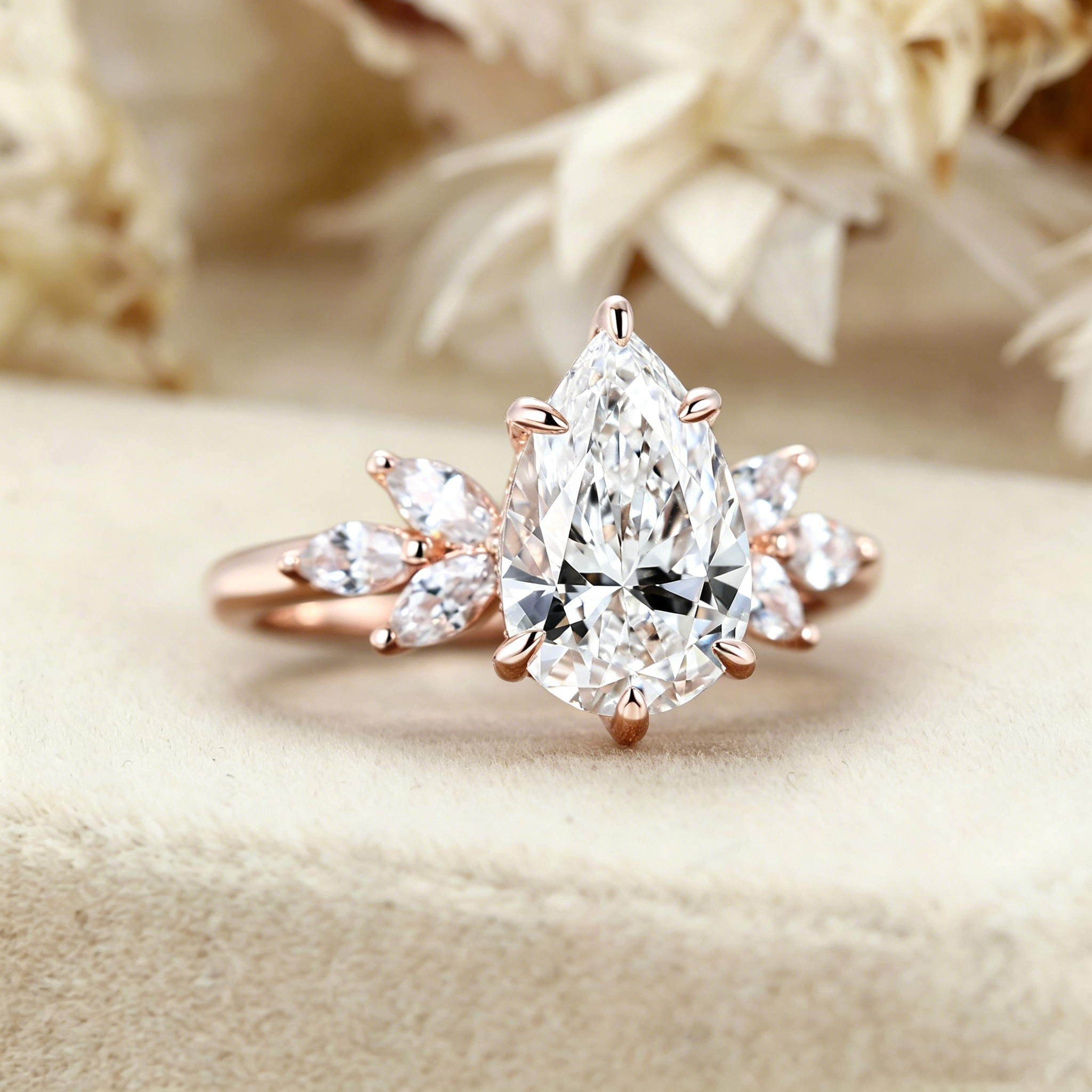Pear Cut Lab Grown Diamond Wing-Inspired 6-Prong Engagement Ring – 14K Rose Gold Bridal Promise Ring