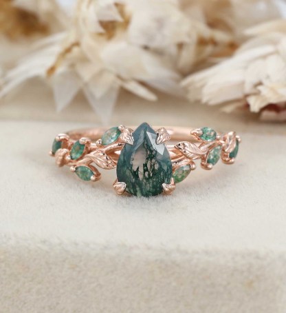 Pear Cut Moss Agate Engagement Ring Solid 14K Rose Gold Ring Marquise Moss Agate Bridal Ring Nature Inspired Leaf Ring