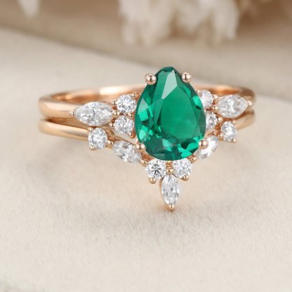 Pear Lab Emerald engagement ring set Vintage Rose gold moissanite ring Unique marquise diamond wedding ring Bridal Anniversary gift