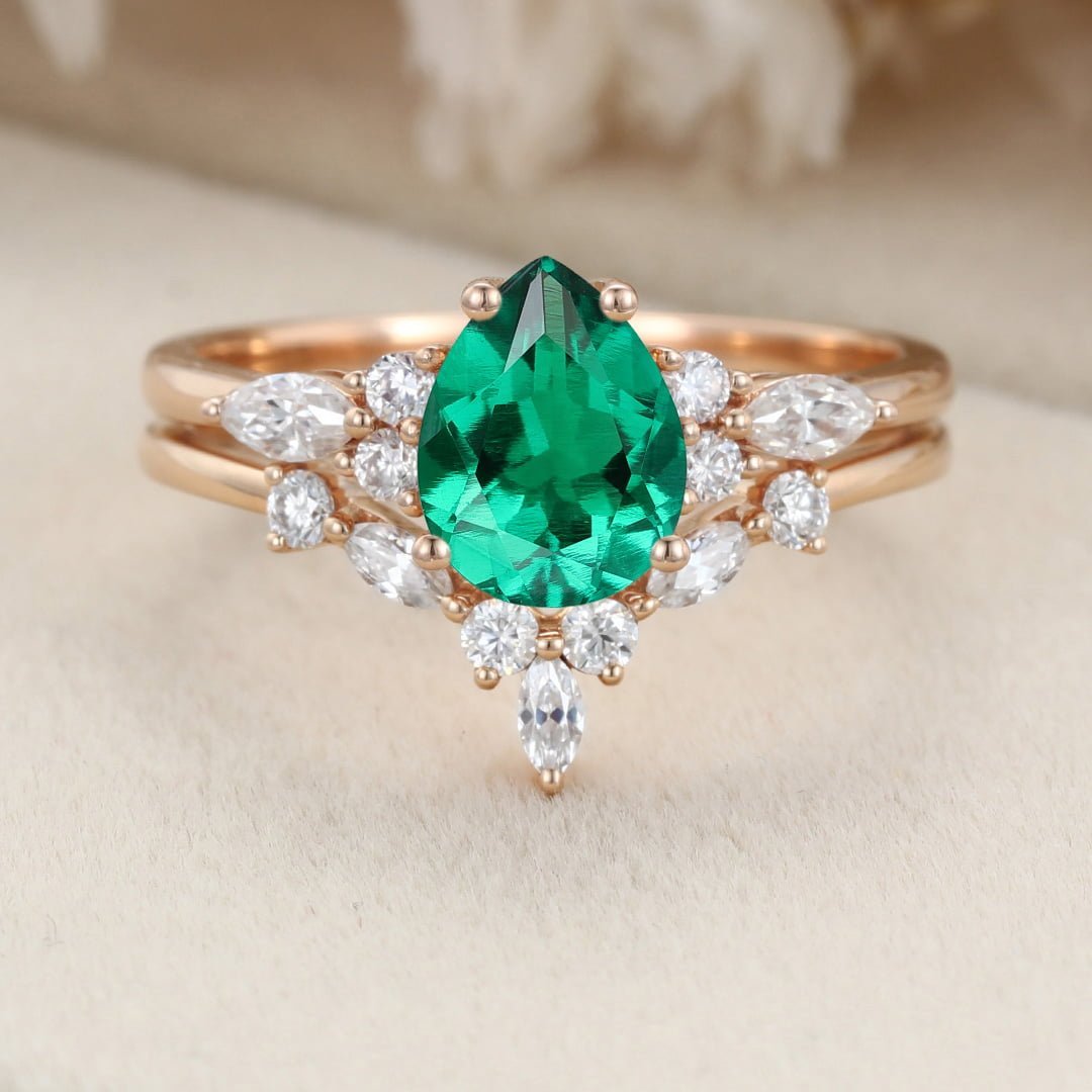 Pear Lab Emerald engagement ring set Vintage Rose gold moissanite ring Unique marquise diamond wedding ring Bridal Anniversary gift