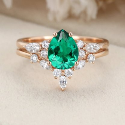 Pear Lab Emerald engagement ring set Vintage Rose gold moissanite ring Unique marquise diamond wedding ring Bridal Anniversary gift