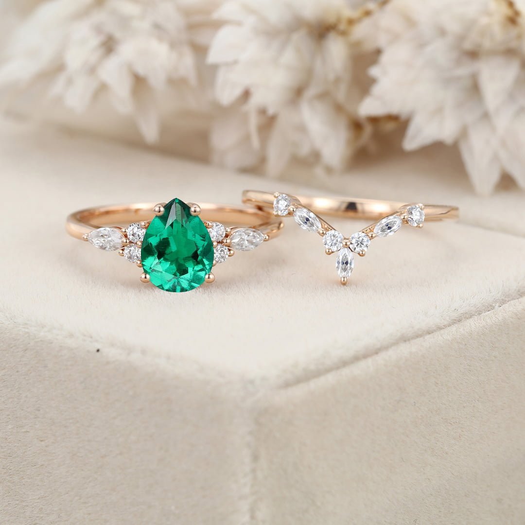 Pear Lab Emerald engagement ring set Vintage Rose gold moissanite ring Unique marquise diamond wedding ring Bridal Anniversary gift