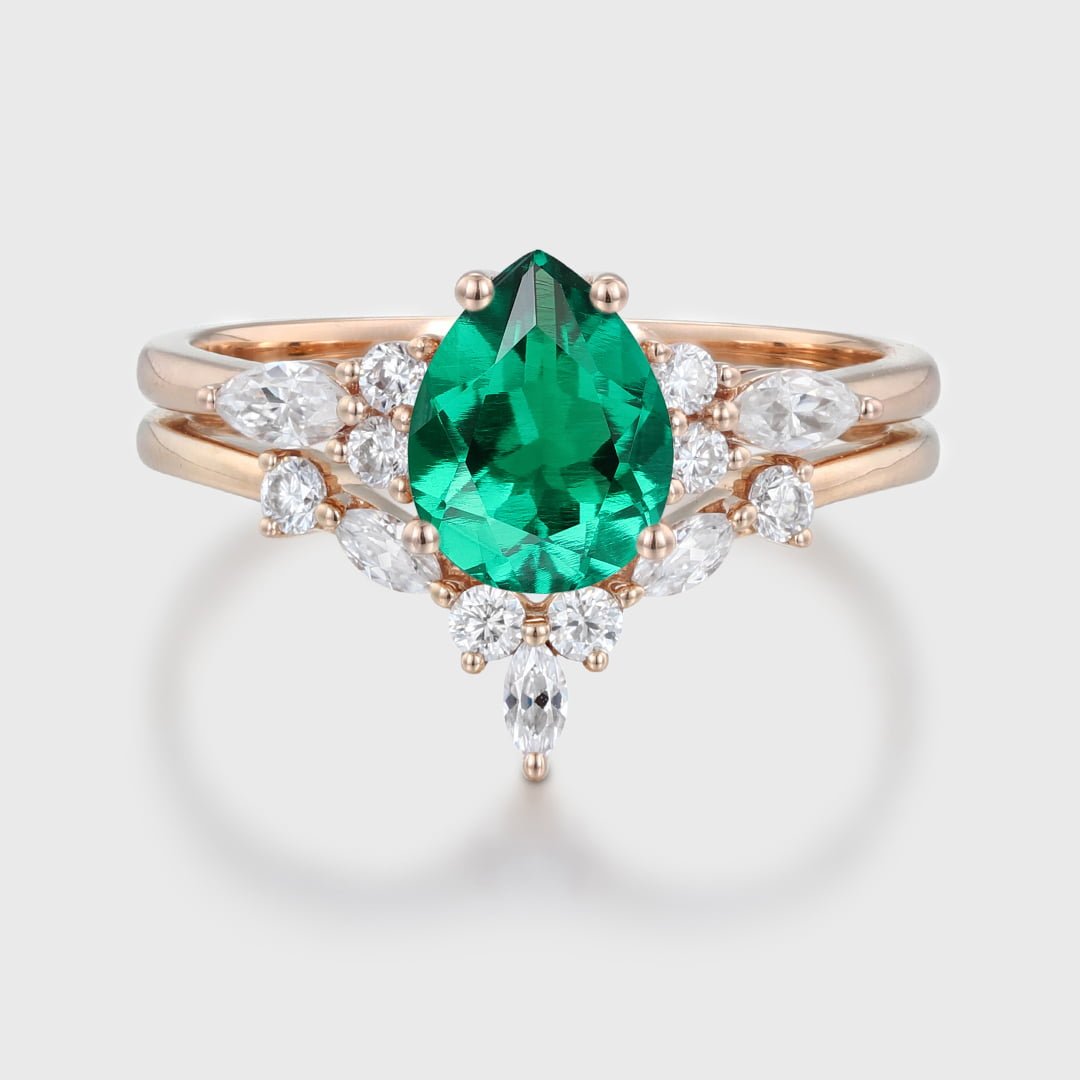 Pear Lab Emerald engagement ring set Vintage Rose gold moissanite ring Unique marquise diamond wedding ring Bridal Anniversary gift