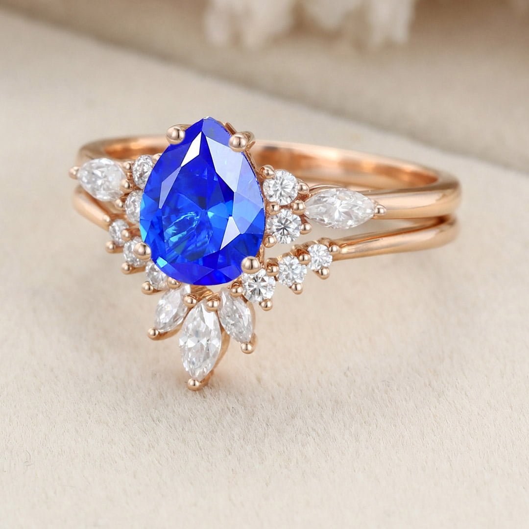 Pear Lab Sapphire engagement ring set Unique Cluster engagement ring Rose gold Vintage marquise engagement ring Bridal set Anniversary gift