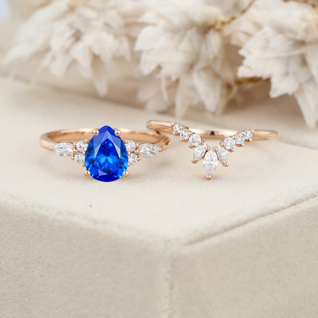 Pear Lab Sapphire engagement ring set Unique Cluster engagement ring Rose gold Vintage marquise engagement ring Bridal set Anniversary gift