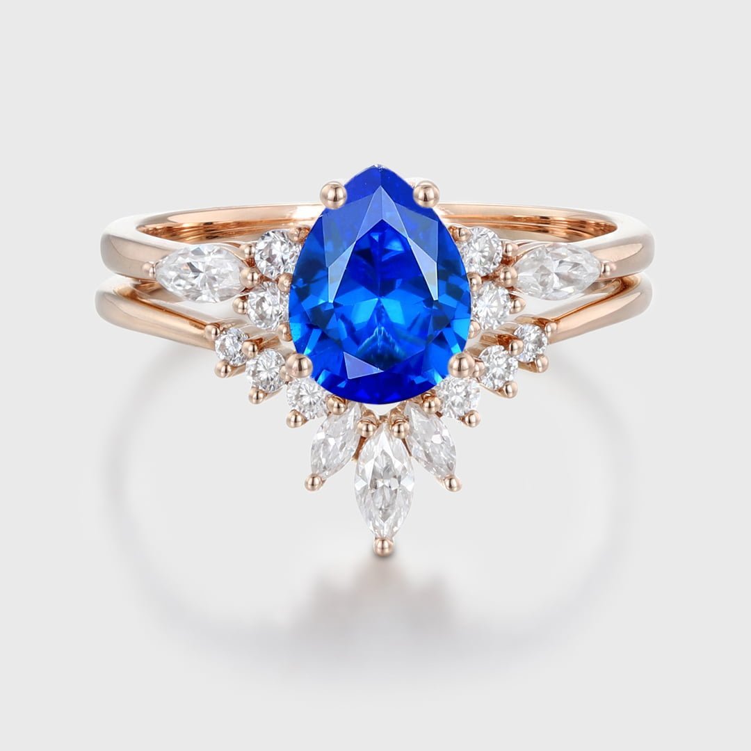 8x6mm Pear Shape Lab Sapphire Bridal Set In 14K Rose Gold