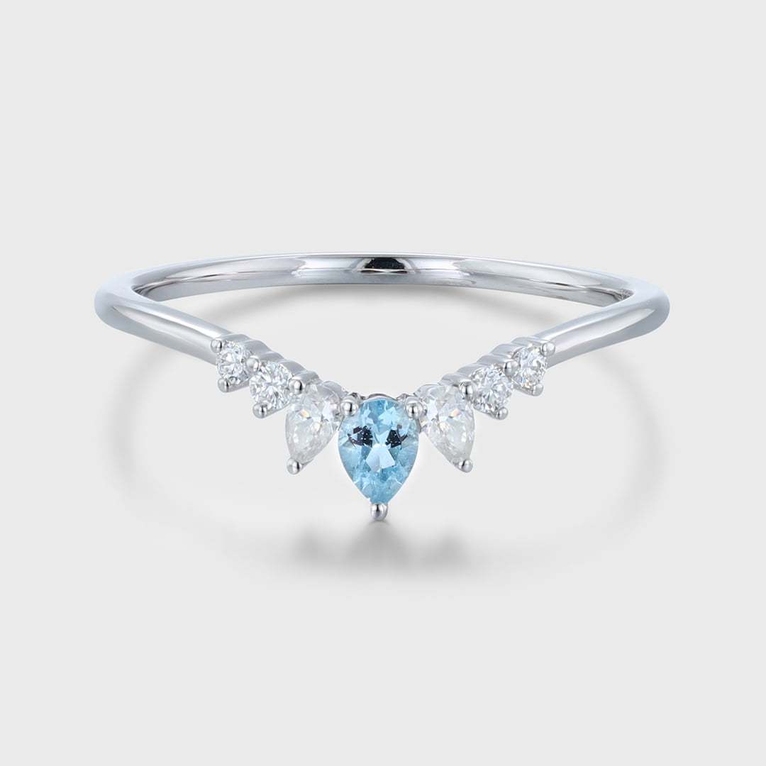 Pear Shape Aquamarine Wedding Band White Gold Curved Wedding Band Unique Vintage Moissanite Stacking Ring