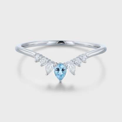Pear Shape Aquamarine Wedding Band White Gold Curved Wedding Band Unique Vintage Moissanite Stacking Ring