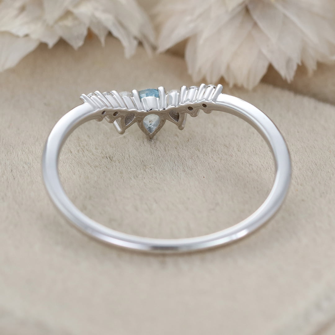 Pear Shape Aquamarine Wedding Band White Gold Curved Wedding Band Unique Vintage Moissanite Stacking Ring