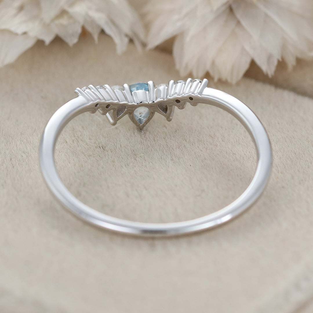 Pear Shape Aquamarine Wedding Band White Gold Curved Wedding Band Unique Vintage Moissanite Stacking Ring