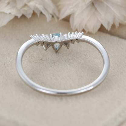 Pear Shape Aquamarine Wedding Band White Gold Curved Wedding Band Unique Vintage Moissanite Stacking Ring