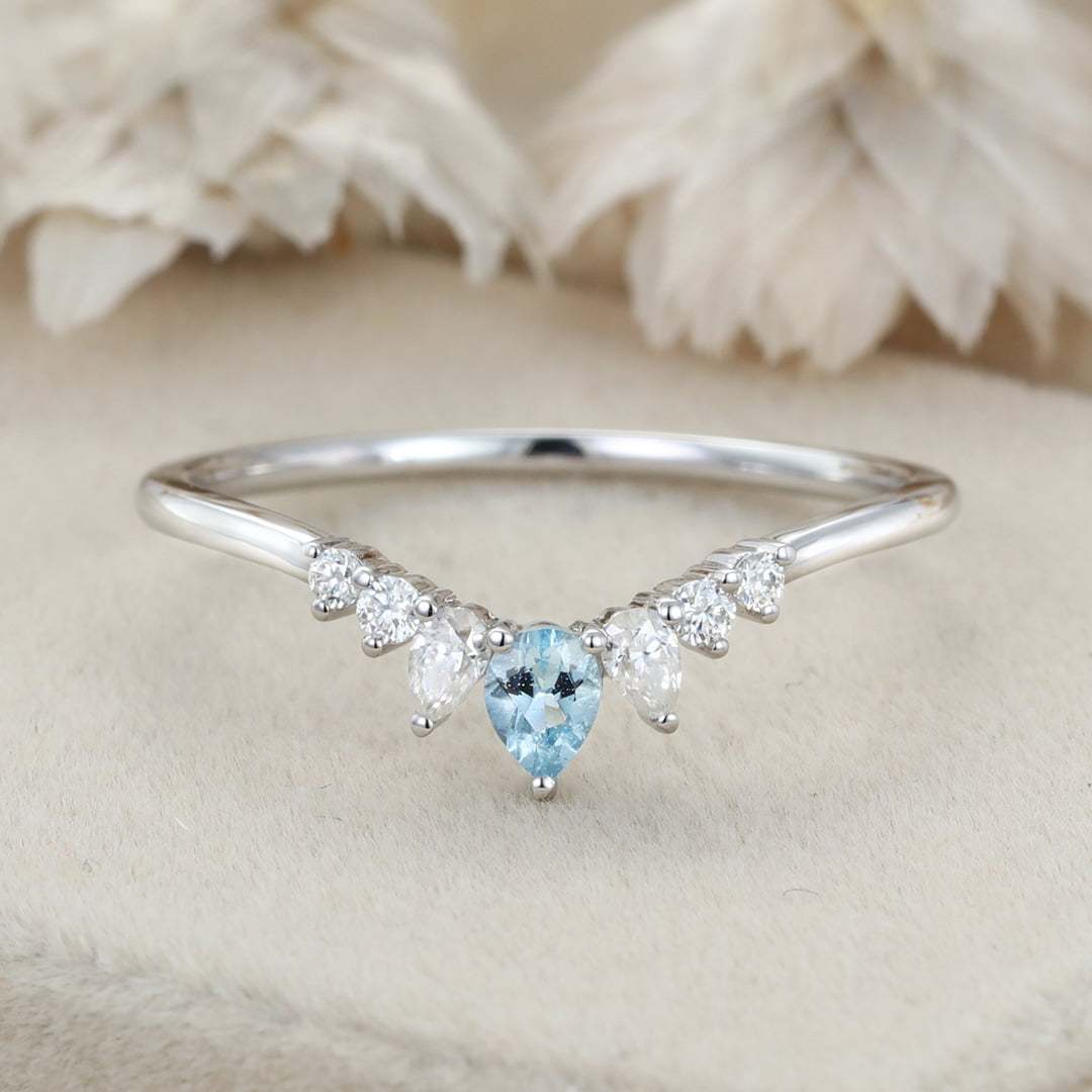 Pear Shape Aquamarine Wedding Band White Gold Curved Wedding Band Unique Vintage Moissanite Stacking Ring