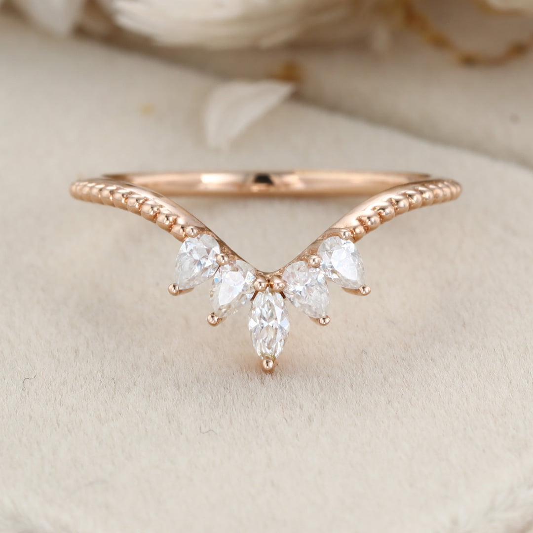 Pear Shape Moissanite Curved wedding band Rose gold Diamond wedding band bridal ring marquise stacking ring bridal promise Anniversary gift