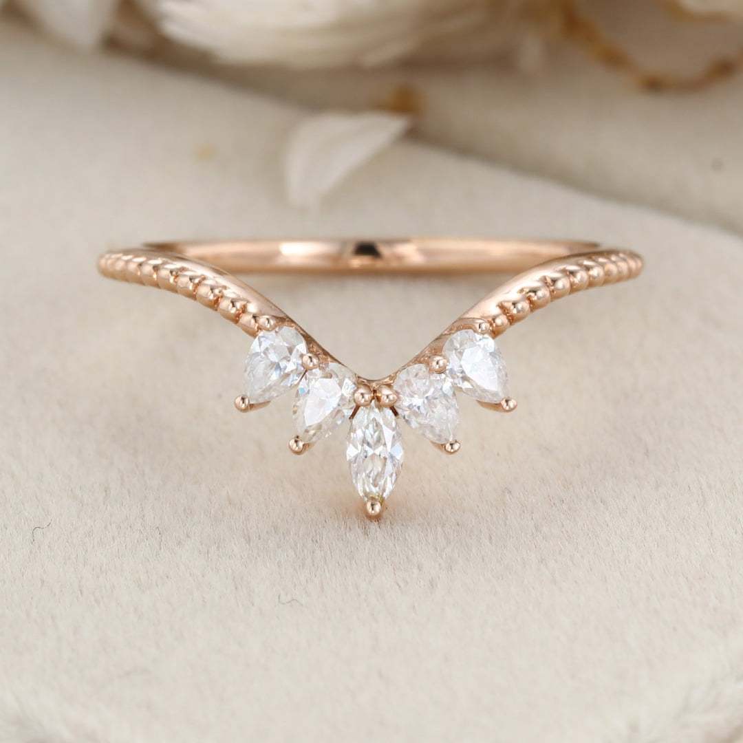 Pear Shape Moissanite Curved wedding band Rose gold Diamond wedding band bridal ring marquise stacking ring bridal promise Anniversary gift