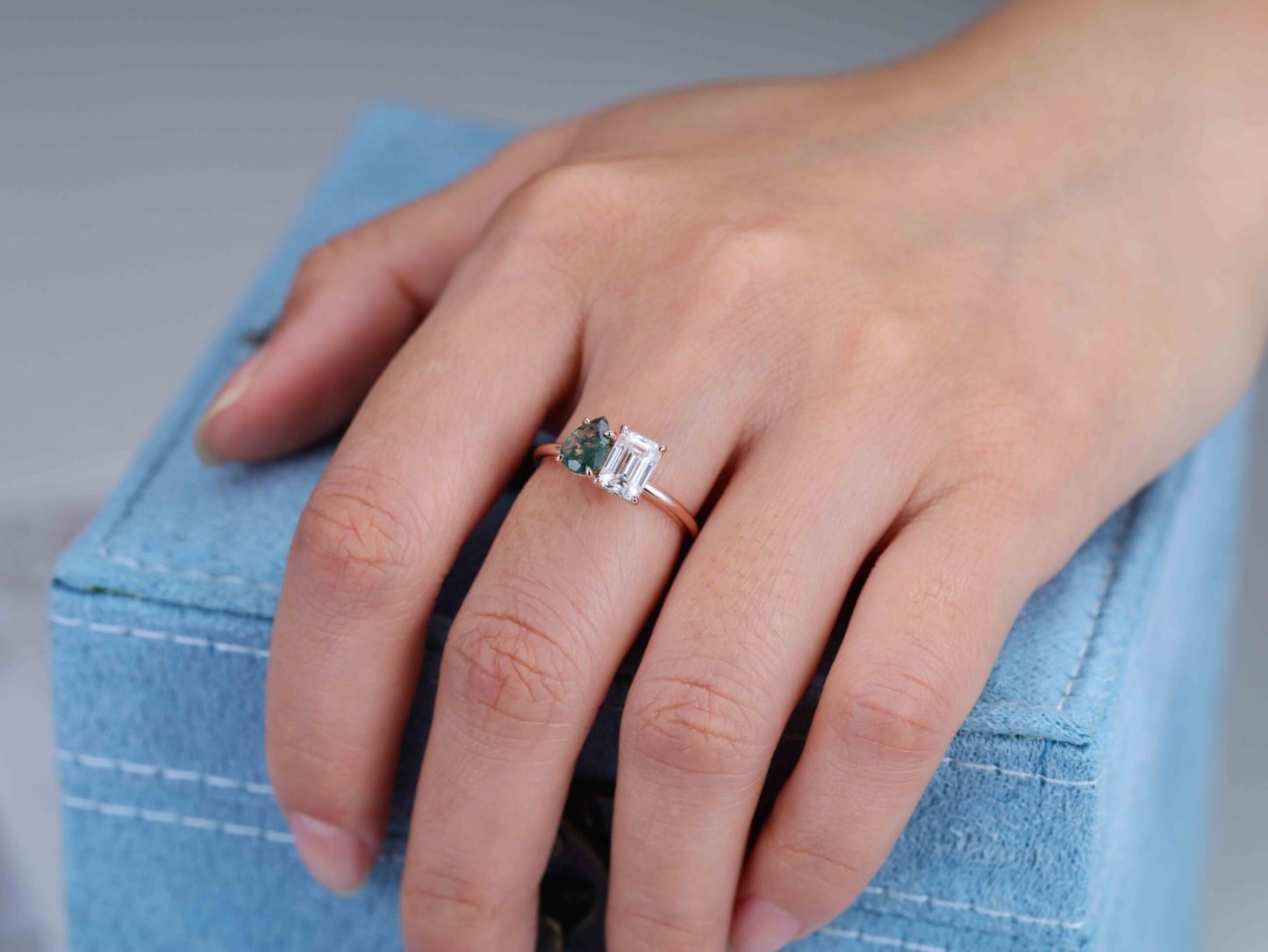 Pear-Shaped Moss Agate & Emerald-Cut Moissanite Toi Et Moi Engagement Ring in 14K Rose Gold – Unique Two-Stone Ring for Timeless Love