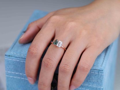 Pear-Shaped Moss Agate & Emerald-Cut Moissanite Toi Et Moi Engagement Ring in 14K Rose Gold – Unique Two-Stone Ring for Timeless Love
