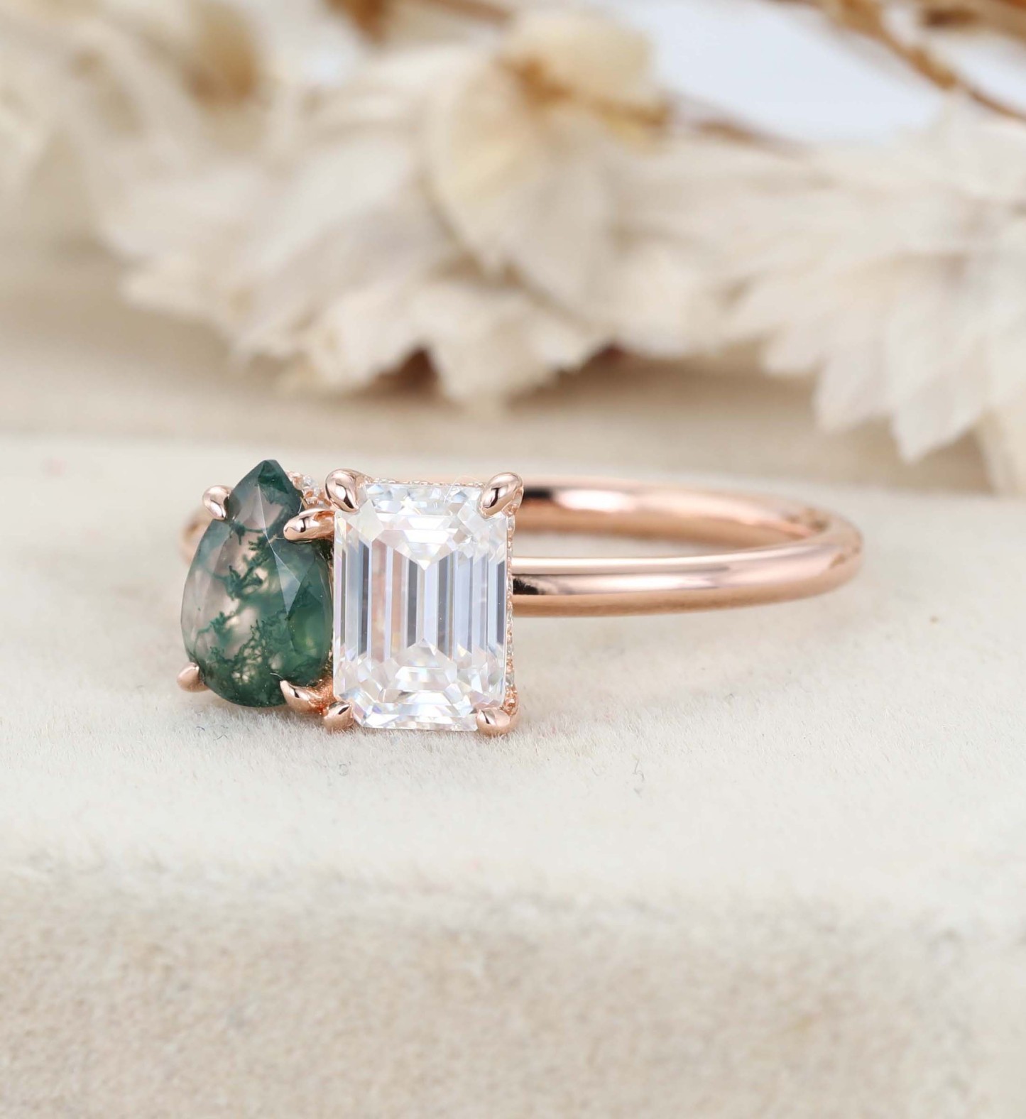 Pear-Shaped Moss Agate & Emerald-Cut Moissanite Toi Et Moi Engagement Ring in 14K Rose Gold – Unique Two-Stone Ring for Timeless Love