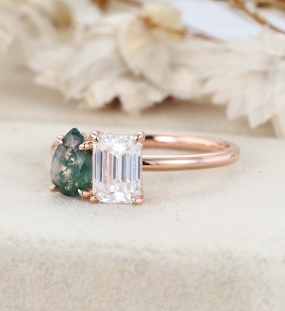 Pear-Shaped Moss Agate & Emerald-Cut Moissanite Toi Et Moi Engagement Ring in 14K Rose Gold – Unique Two-Stone Ring for Timeless Love
