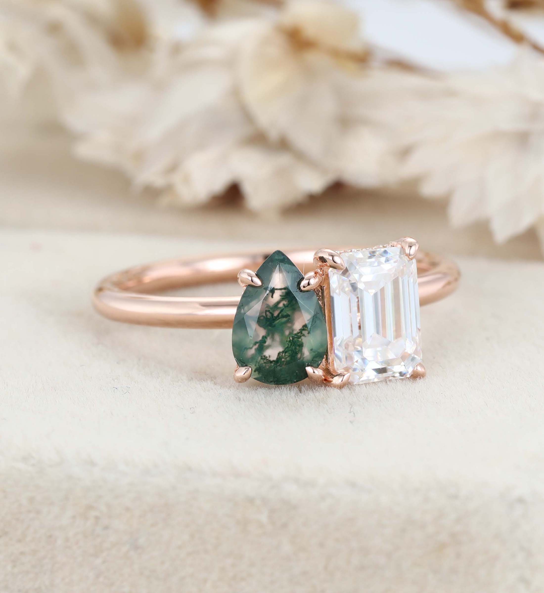 Pear-Shaped Moss Agate & Emerald-Cut Moissanite Toi Et Moi Engagement Ring in 14K Rose Gold – Unique Two-Stone Ring for Timeless Love