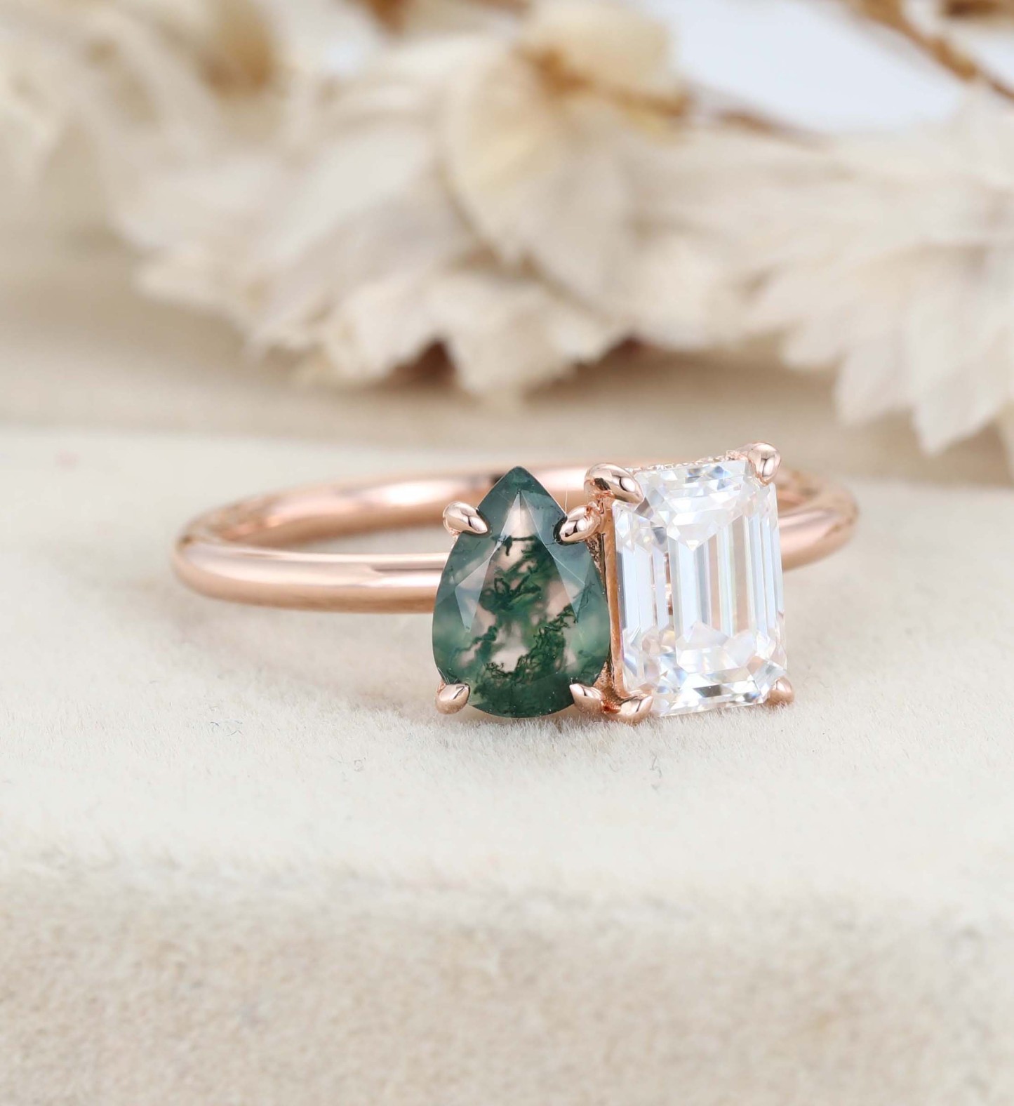 Pear-Shaped Moss Agate & Emerald-Cut Moissanite Toi Et Moi Engagement Ring in 14K Rose Gold – Unique Two-Stone Ring for Timeless Love