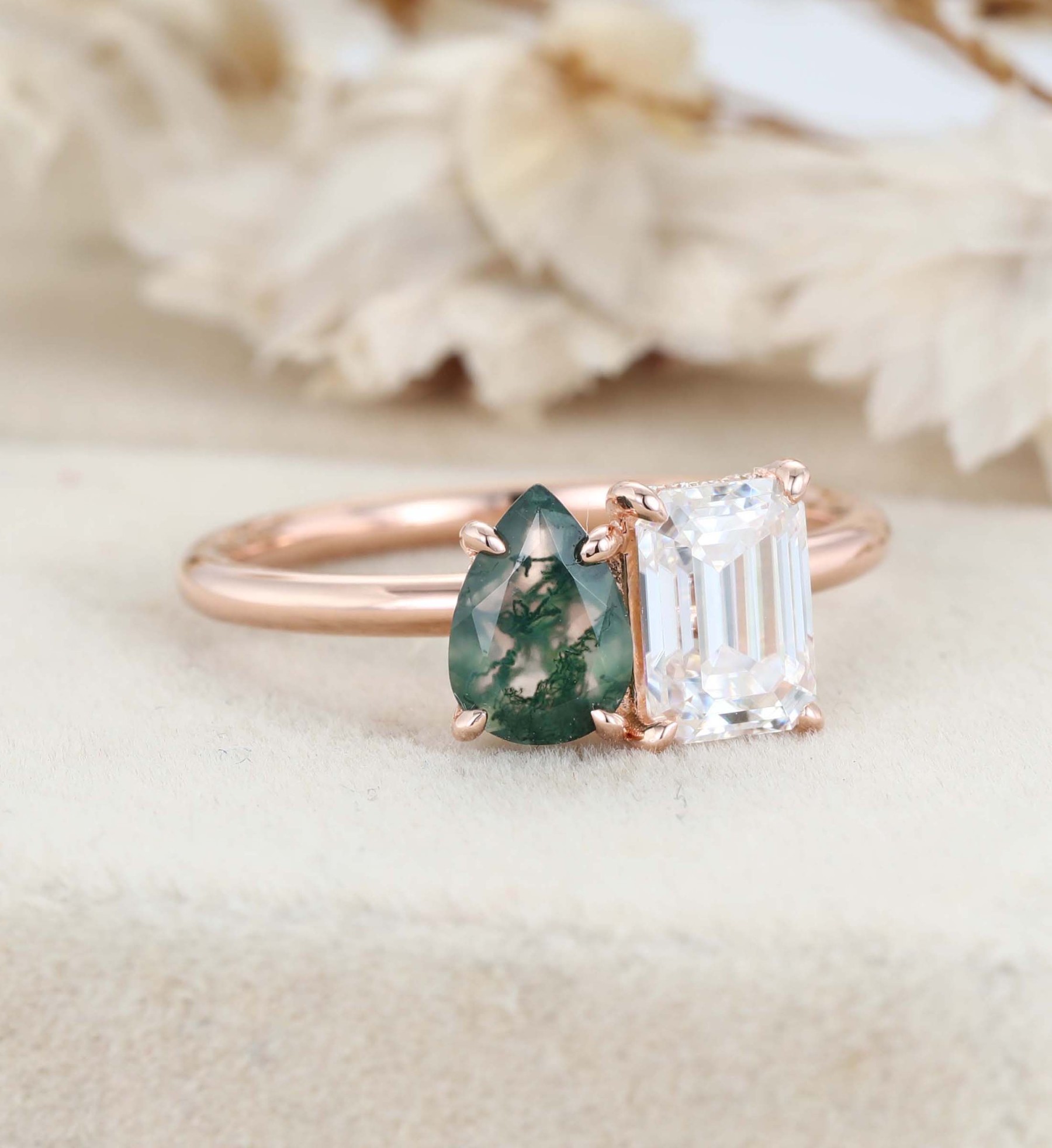 Pear-Shaped Moss Agate & Emerald-Cut Moissanite Toi Et Moi Engagement Ring in 14K Rose Gold – Unique Two-Stone Ring for Timeless Love