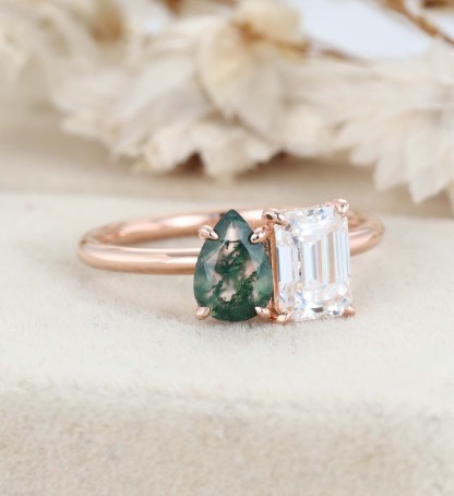 Pear-Shaped Moss Agate & Emerald-Cut Moissanite Toi Et Moi Engagement Ring in 14K Rose Gold – Unique Two-Stone Ring for Timeless Love