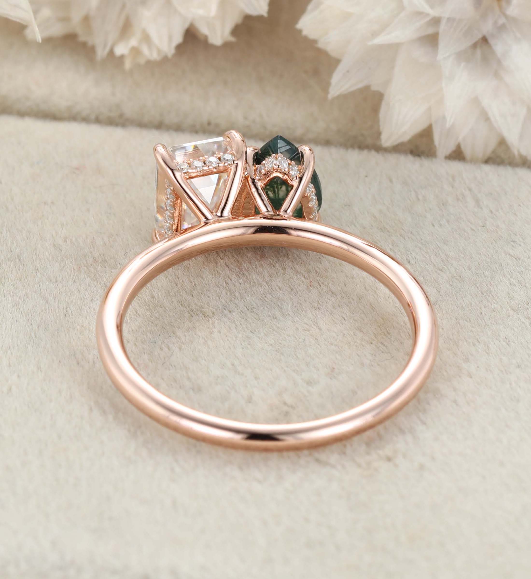 Pear-Shaped Moss Agate & Emerald-Cut Moissanite Toi Et Moi Engagement Ring in 14K Rose Gold – Unique Two-Stone Ring for Timeless Love