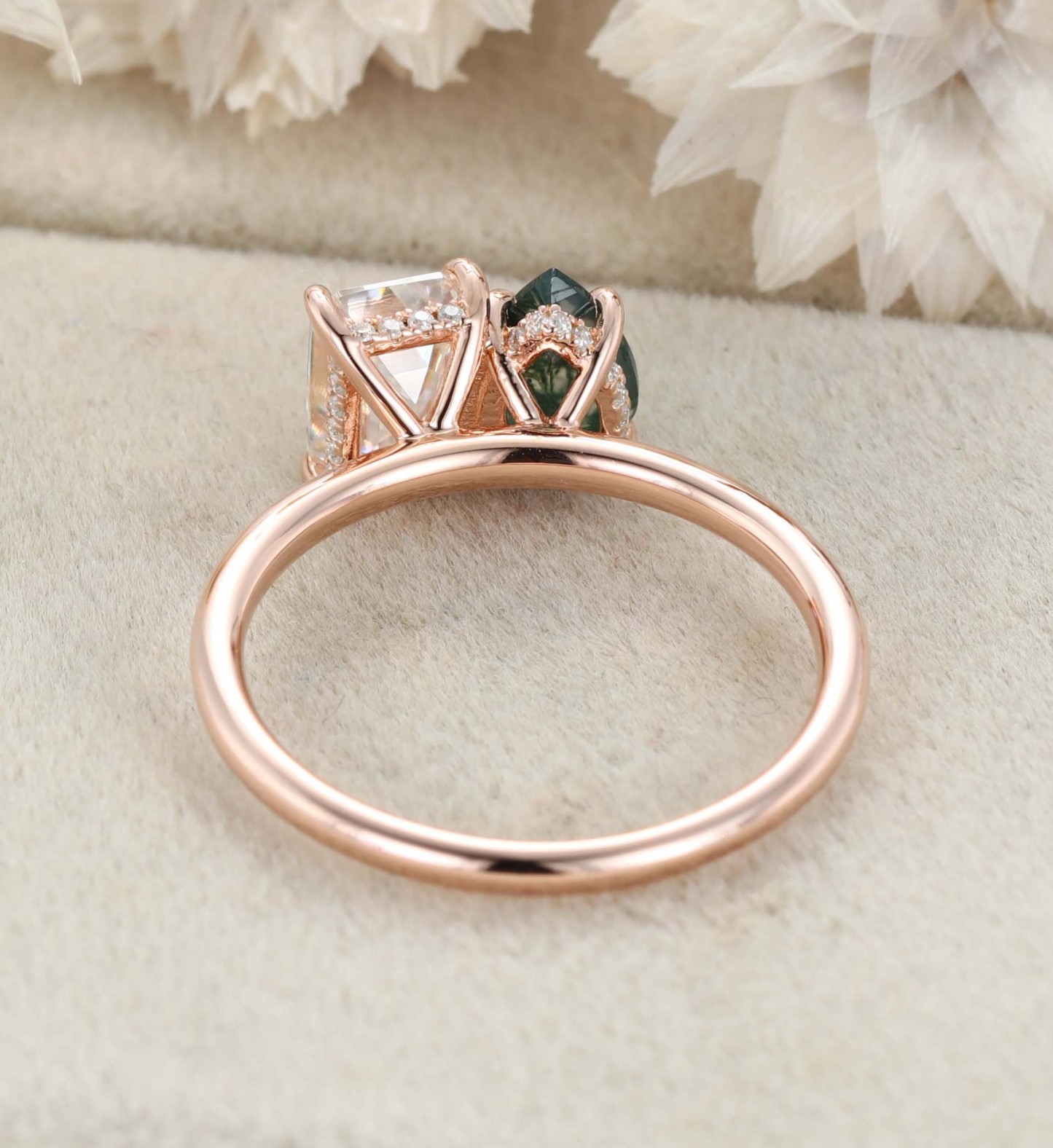 Pear-Shaped Moss Agate & Emerald-Cut Moissanite Toi Et Moi Engagement Ring in 14K Rose Gold – Unique Two-Stone Ring for Timeless Love