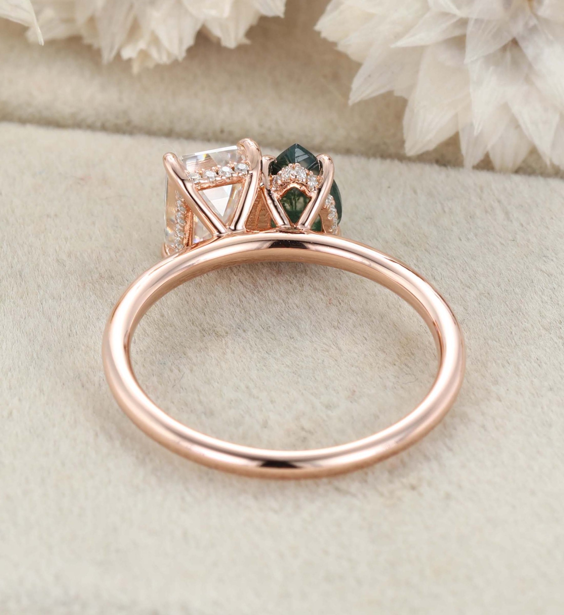 Pear-Shaped Moss Agate & Emerald-Cut Moissanite Toi Et Moi Engagement Ring in 14K Rose Gold – Unique Two-Stone Ring for Timeless Love