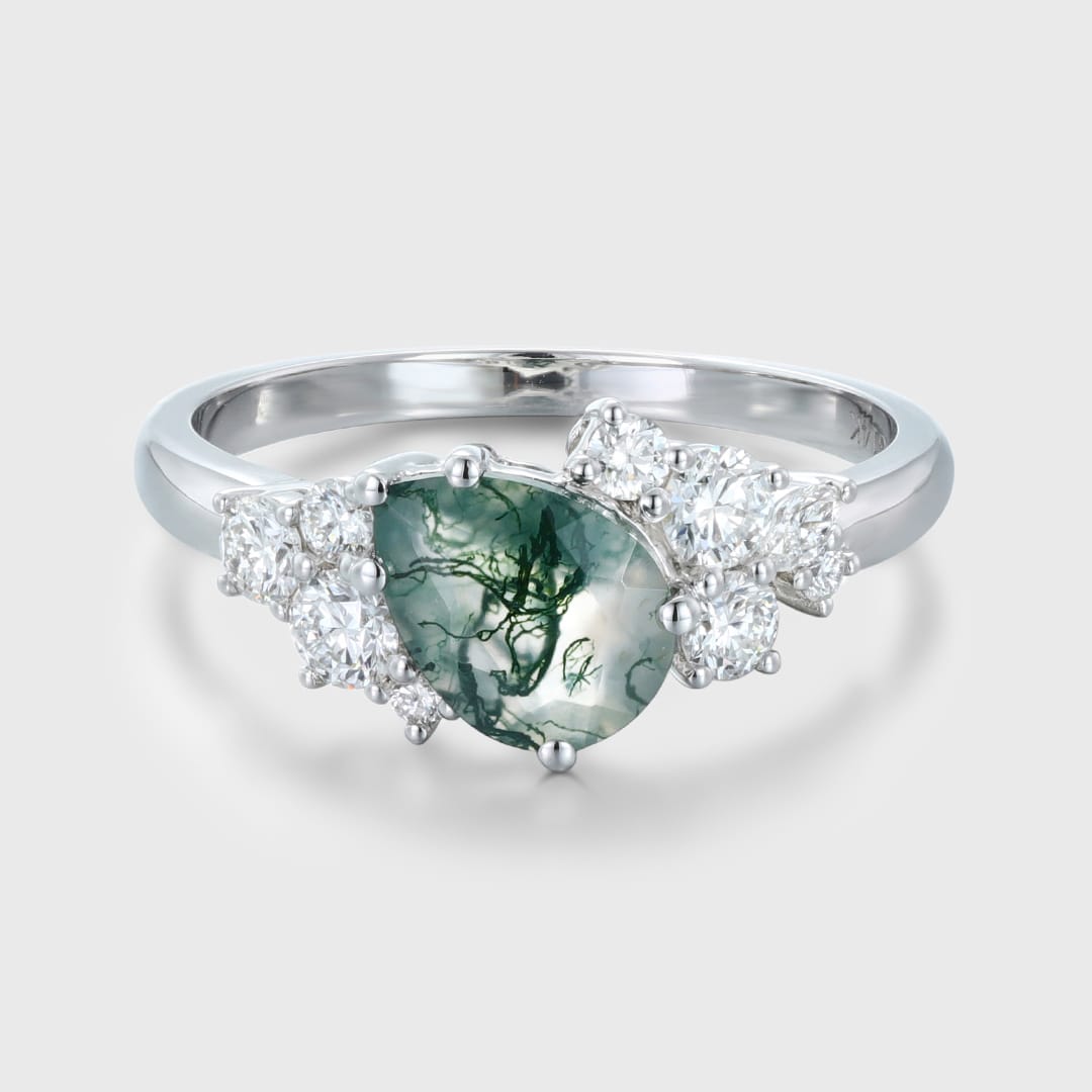 Pear Shaped Moss Agate Engagement Ring Women White Gold Cluster Engagement Ring Bridal Unique Antique Promise Anniversary Gift