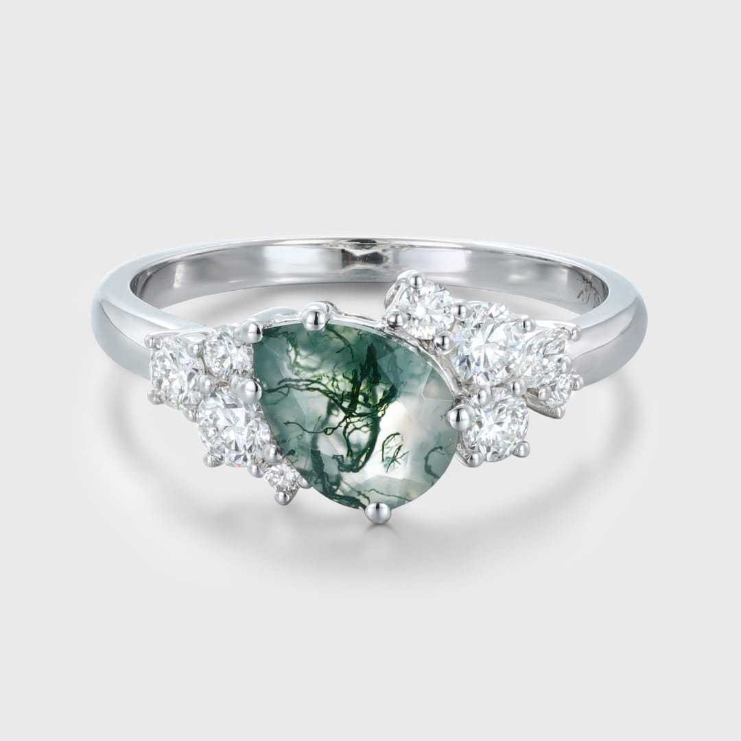 Pear Shaped Moss Agate Engagement Ring Women White Gold Cluster Engagement Ring Bridal Unique Antique Promise Anniversary Gift