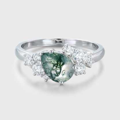 Pear Shaped Moss Agate Engagement Ring Women White Gold Cluster Engagement Ring Bridal Unique Antique Promise Anniversary Gift