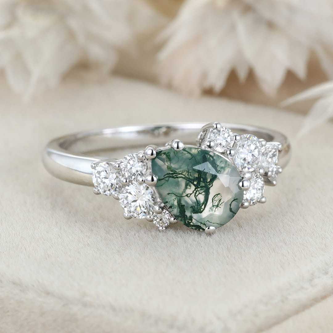 Pear Shaped Moss Agate Engagement Ring Women White Gold Cluster Engagement Ring Bridal Unique Antique Promise Anniversary Gift