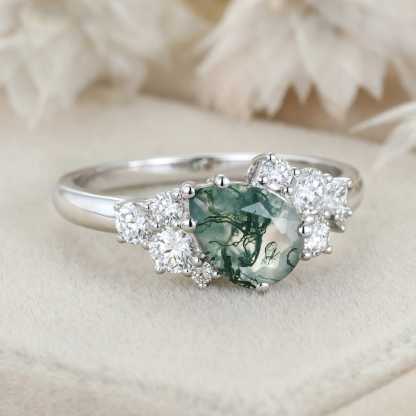 Pear Shaped Moss Agate Engagement Ring Women White Gold Cluster Engagement Ring Bridal Unique Antique Promise Anniversary Gift