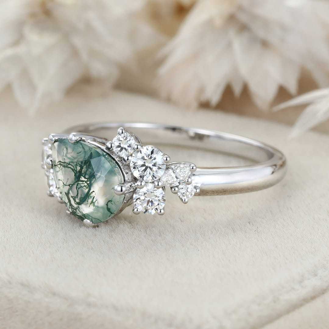 Pear Shaped Moss Agate Engagement Ring Women White Gold Cluster Engagement Ring Bridal Unique Antique Promise Anniversary Gift