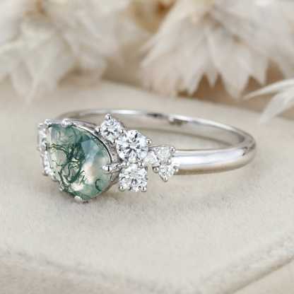 Pear Shaped Moss Agate Engagement Ring Women White Gold Cluster Engagement Ring Bridal Unique Antique Promise Anniversary Gift