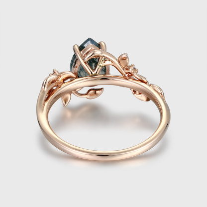 Leaf Nature-Inspired Pear-Shaped Moss Agate Ring in 14K Rose Gold – Unique Engagement Ring for Women