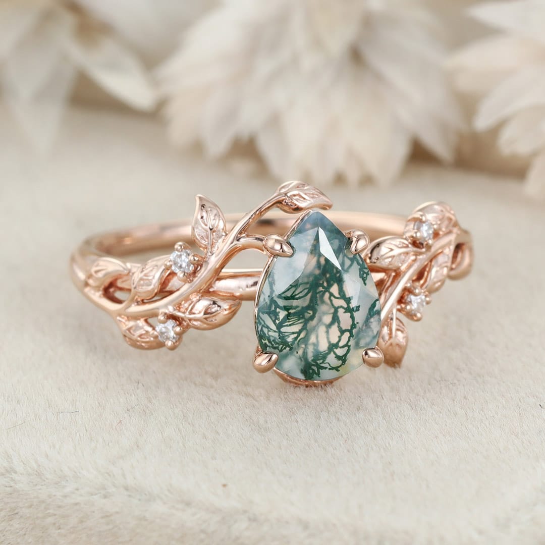 Pear Shaped Natural Moss Agate Ring Vintage 14K Rose Gold Leaf Nature Inspired Unique Engagement Ring Diamond Bridal Wedding Ring