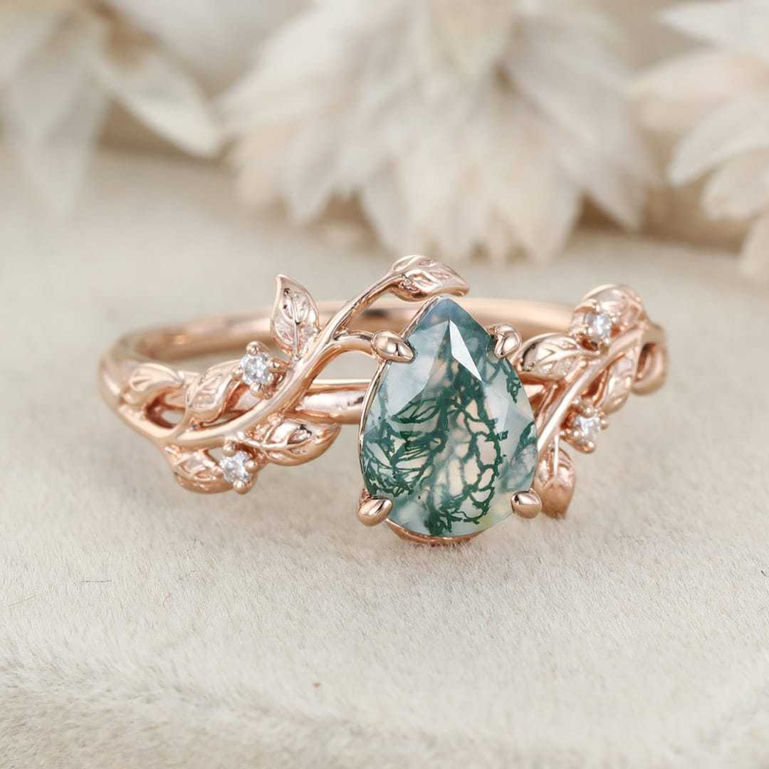 Pear Shaped Natural Moss Agate Ring Vintage 14K Rose Gold Leaf Nature Inspired Unique Engagement Ring Diamond Bridal Wedding Ring
