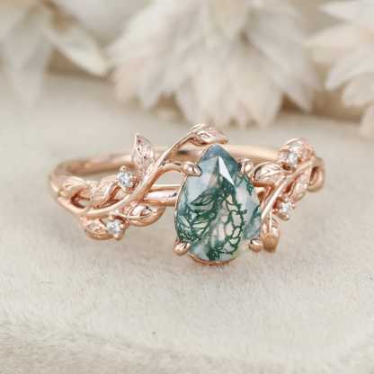 Pear Shaped Natural Moss Agate Ring Vintage 14K Rose Gold Leaf Nature Inspired Unique Engagement Ring Diamond Bridal Wedding Ring