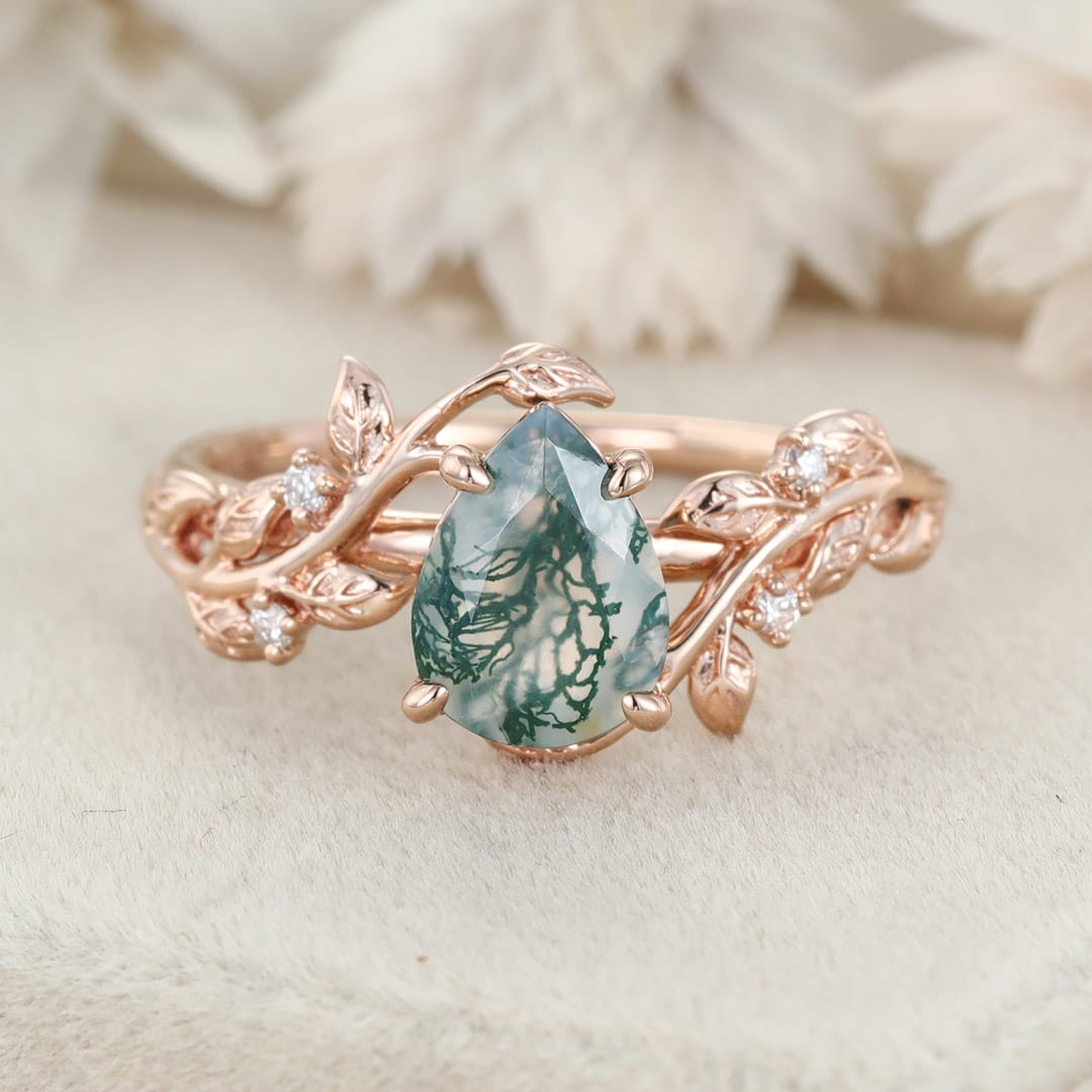 Pear Shaped Natural Moss Agate Ring Vintage 14K Rose Gold Leaf Nature Inspired Unique Engagement Ring Diamond Bridal Wedding Ring