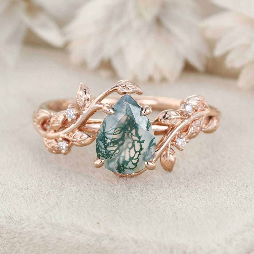 Pear Shaped Natural Moss Agate Ring Vintage 14K Rose Gold Leaf Nature Inspired Unique Engagement Ring Diamond Bridal Wedding Ring
