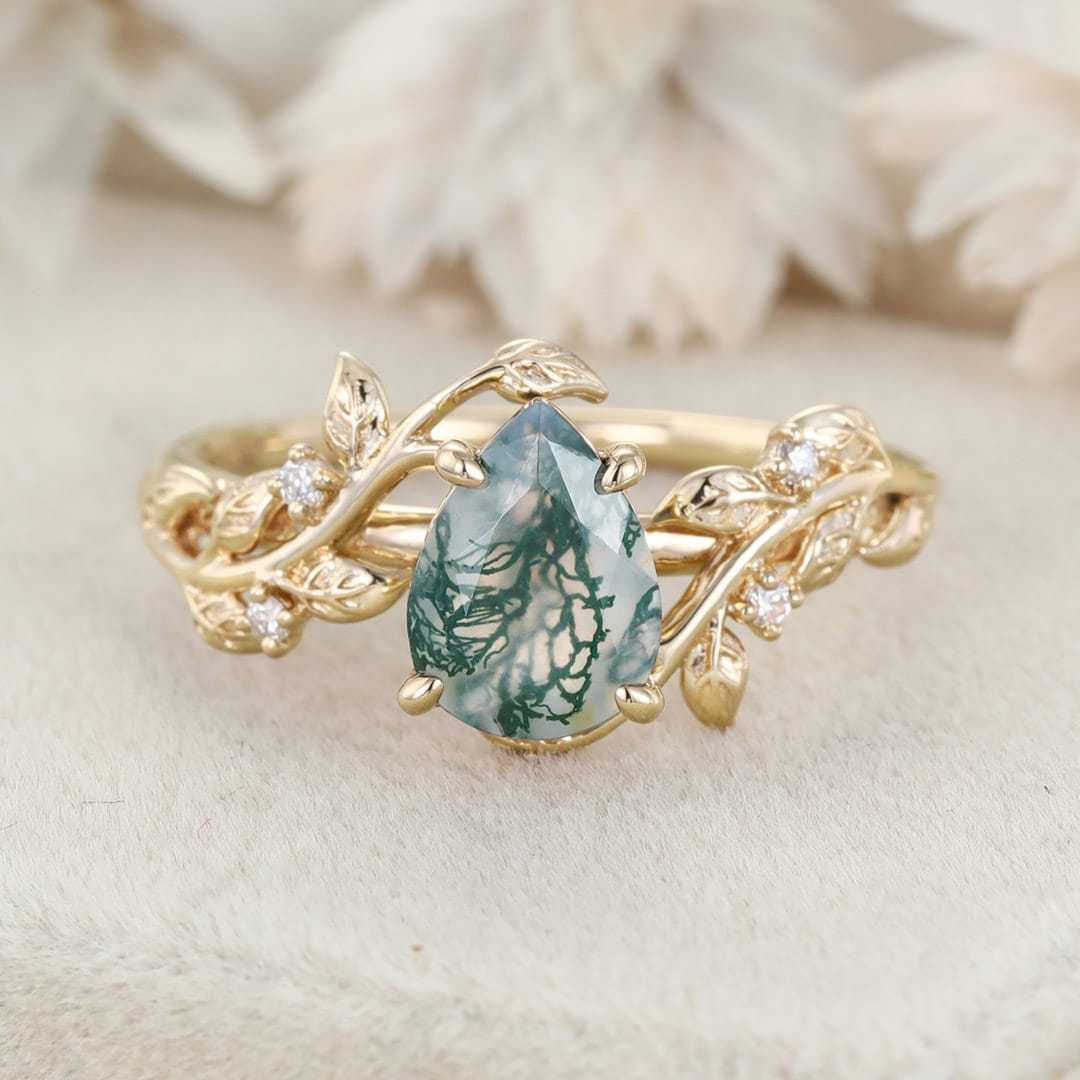 Pear Shaped Natural Moss Agate Ring Vintage 14K Rose Gold Leaf Nature Inspired Unique Engagement Ring Diamond Bridal Wedding Ring