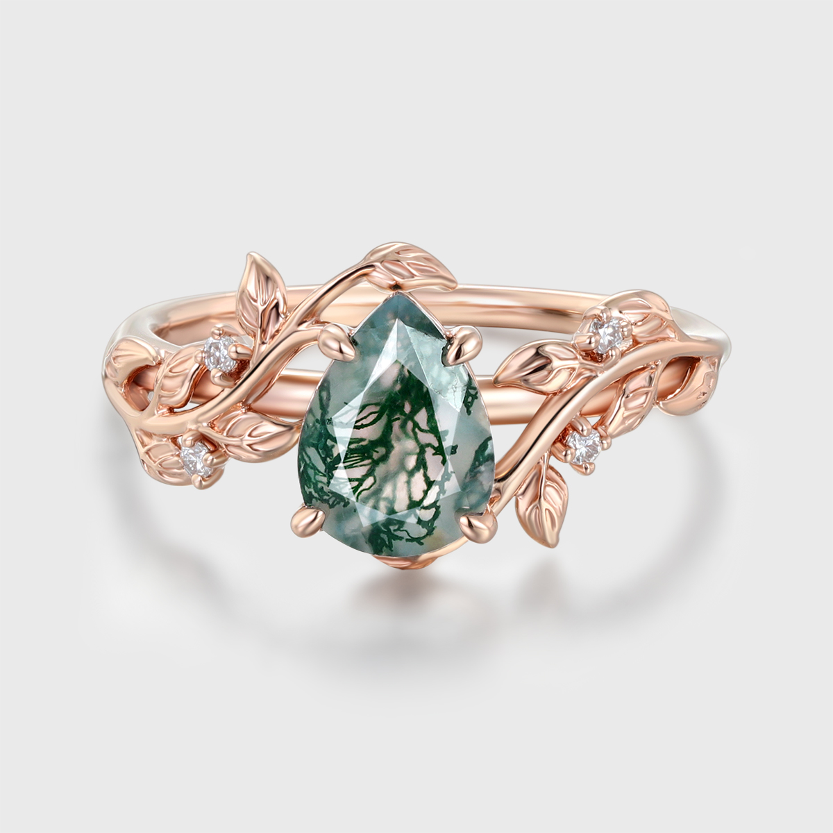 Leaf Nature-Inspired Pear-Shaped Moss Agate Ring in 14K Rose Gold – Unique Engagement Ring for Women