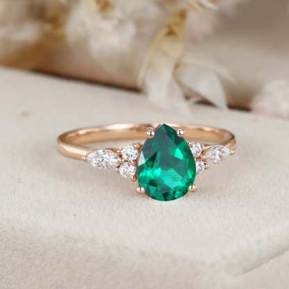 Pear cut Lab Emerald engagement ring Unique Marquise cluster diamond engagement ring Rose gold Bridal promise Anniversary gift for women